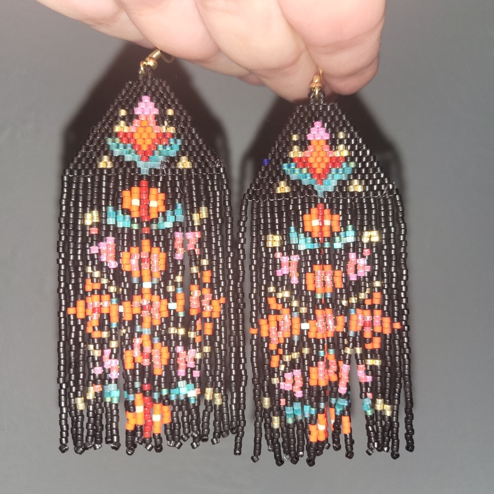 Handmade Beaded Floral Folk Blossoms Fringe Earrings - Fiona - Picture 6 of 8